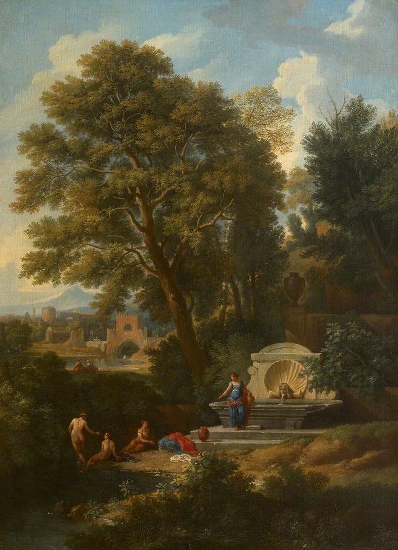 Un paesaggio classico con donne che fanno il bagno vicino a una fontana - National Trust
